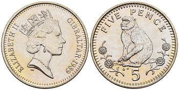 Гибралтар 5 пенсов 1989 АВ обезьяна KM 22 медно-никель UNC 87-534