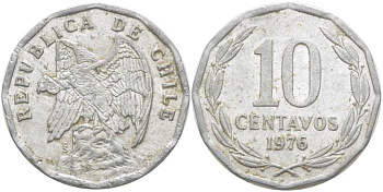 Чили 10 сентаво 1976 KM 205a алюминий 4402-344