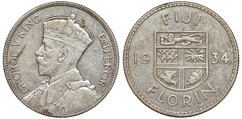 Фиджи 1 флорин 1934 Георг V (1910-1936), герб Фиджи KM 5 серебро    91-1211