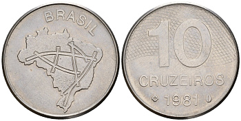 Бразилия 10 крузейро 1981 карта Бразилии KM 592.1 нержавеющая сталь 4146-551