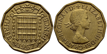 Великобритания 3 пенса 1967 Елизавета II (1952-2022) KM 900, Spink 4153 никель латунь 46-2652