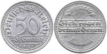 ГЕРМАНИЯ 50 ПФЕННИГОВ 1919 A KM 27, J. 301 алюминий 24-927