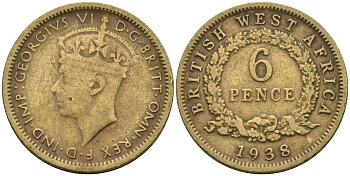 Британская Западная Африка 6 пенсов 1938 Георг VI (1936-1952) KM 22 никель-латунь 4588-659