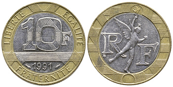 Франция 10 франков 1991 тип гений Бастилии KM 964.1, Le Frank 375.6 биметалл 93-1441