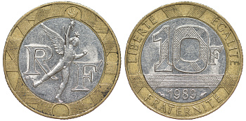 Франция 10 франков 1989 тип гений Бастилии KM 964.1, Le Franc 375.3 биметалл 45-612