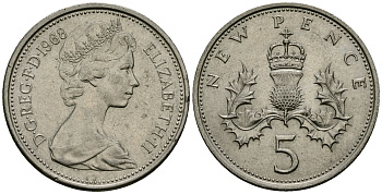Великобритания 5 пенсов 1968 Елизавета II (1952-2022) KM 911, Spink 4233 (D1) медно-никель 4538-132