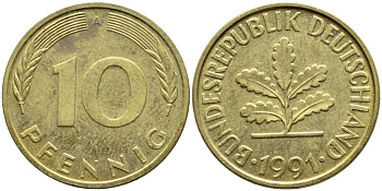 ФРГ 10 ПФЕННИГОВ 1991 А KM 108, J.383 сталь плакированная латунью 4393-826