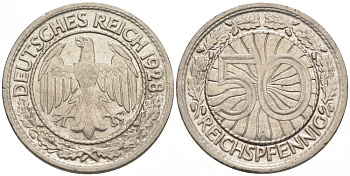 Германия 50 рейхспфеннигов 1928 A KM 49, J.324 никель 3996-1233