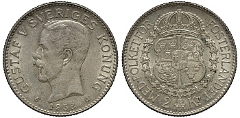 Швеция 2 кроны 1938 G, Густав V (1907-1950) KM 787 серебро 00-00