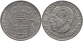 Швеция 1 крона 1969 Густав VI Адольф (1950-1973) KM 826a медь плакированная медно-никелем 4388-221