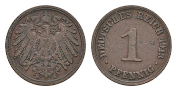 Германия 1 пфенниг 1913 A, Вильгельм II (1888-1918) KM 10, J. 10 медь 4639-1148