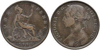 Великобритания 1 пенни 1885 Виктория (1837-1901) KM 755, Spink 3954 бронза 32-146