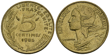 Франция 5 сантимов 1985 тип Marianne KM 933 алюминиевая бронза 4136-443