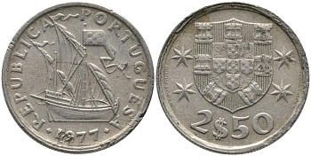 ПОРТУГАЛИЯ 2,5 ЭСКУДО 1977 ПАРУСНИК KM 590 медно-никель 99-1158