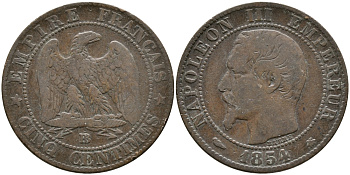 Франция 5 сантимов 1854 BB, Наполеон III (1852-1870) KM 777.3, Le Franc 116.10 бронза 28-922