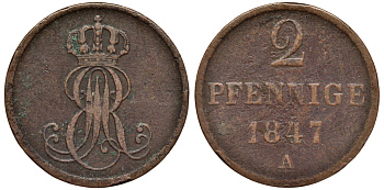 Ганновер 2 пфеннига 1847 A, Эрнст Август (1837-1851) KM 202.2, AKS 125, J. 75 медь 75-1911