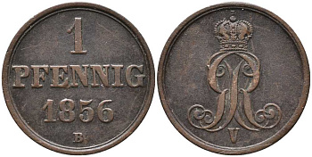 ГАННОВЕР 1 ПФЕННИГ 1856 В, ГЕОРГ V (1851-1866) KM 221 медь 4398-621