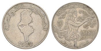 Тунис 1 динар 1988 KM 319 медно-никель 4402-432
