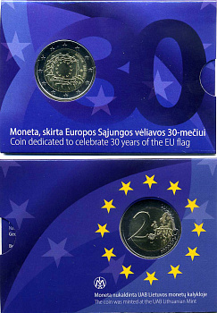 Литва 2 евро 2015 30 лет флагу Европейского союза, запайка, буклет KM 100 биметалл BUNC 3-4-8-27
