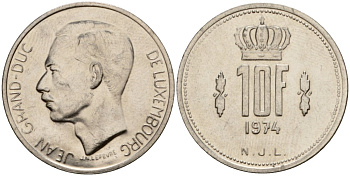 Люксембург 10 франков 1974 Великий герцог Жан (1964-1999) KM 57 никель 4599-1216
