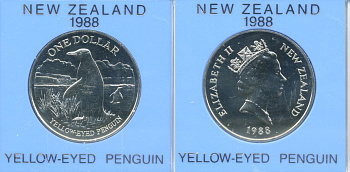 Новая Зеландия 1 доллар 1988 желтоглазый пингвин, Елизавета II (1952-2022), в оригинальной пластиковой упаковке KM 66 медно-никель UNC 00-00