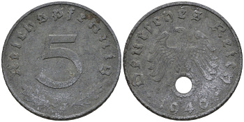 Германия 5 рейхспфеннигов 1940 J, монетный двор Гамбург  KM 100, J. 370 цинк 186-717