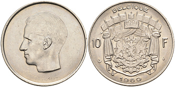 Бельгия 10 франков 1969 Belgique, Бодуэн I (1951-1993) KM 155.1 никель  UNC  4595-553