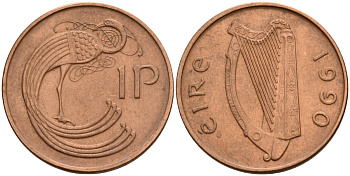Ирландия 1 пенни 1990 мифологическая птица лира KM 20a бронза 4141-241