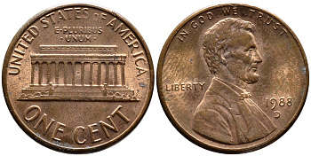 США 1 ЦЕНТ 1988 D KM 201b медь-цинк 4178-259