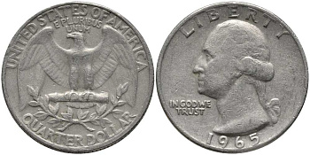 США 25 центов (квотер) 1965 Вашингтон KM 164а медь плакированная медно-никелем 113-517