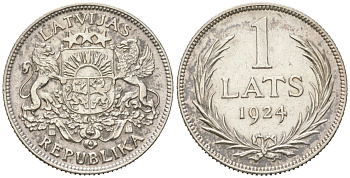 Латвия 1 лат 1924 Первая республика (1918-1939) KM 7 серебро 4166-617