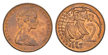 Новая Зеландия 2 цента 1982 Елизавета II (1952-2022), два цветка кохаи KM 32.1 бронза aUNC 4178-322