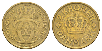 Дания 2 кроны 1925 HCN; GJ, Кристиан X (1912-1947) KM 825 алюминиевая бронза 114-1015