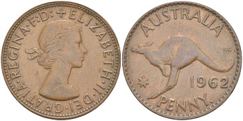 Австралия 1 пенни 1962 p, Елизавета II (1952-2022), кенгуру KM 56 бронза 4389-314