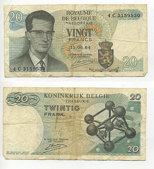 Бельгия 20 франков 1964 Бодуэн I, атомиум, Kestens Pick 138 (3) бумага 6280-14-3-1