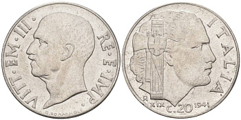 ИТАЛИЯ 20 ЧЕНТЕЗИМО 1941 R, ГОД XIX, ВИКТОР ЭММАНУИЛ III (1900-1946) KM 75b, VEM3. 1028 нержавеющая сталь 3853-637