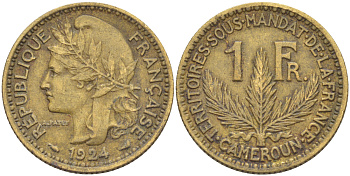 Французский Камерун 1 франк 1924 (а), монетный двор Париж KM 2 алюминиевая бронза 4610-555
