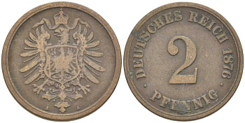 ГЕРМАНИЯ 2 ПФЕННИГА 1876 A, СТАРОГЕРБОВКА KM 2, J. 2, Weege 3 медь 212-712