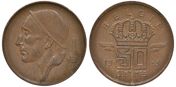 Бельгия 50 сантимов 1953 Belgie KM 145 бронза 4164-317