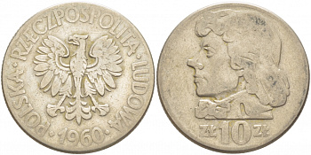 ПОЛЬША 10 ЗЛОТЫХ 1960 КОСТЮШКО KM 50 медно-никель 4403-534