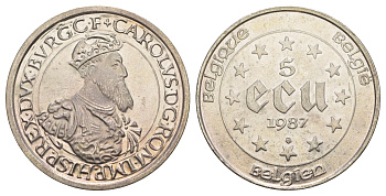 Бельгия 5 экю 1987 30 лет Римскому договору KM 166 серебро BU 1083-5-34