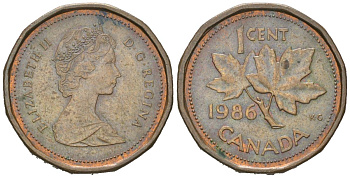 Канада 1 цент 1986 Елизавета II (1952-2022), кленовый лист KM 132 бронза 192-428