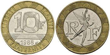 Франция 10 франков 1988 тип гений Бастилии KM 964.1, Le Franc 375.2 биметалл 4135-527