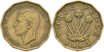 Великобритания 3 пенса 1945 Георг VI (1937-1952) KM 849, Spink 4112 никель латунь 4561-1011