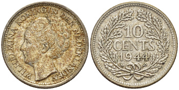 Нидерланды 10 центов 1944 Вильгельмина (1890-1948) KM 163 серебро aUNC 46-245