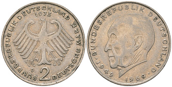 ФРГ 2 марки 1973 D, Конрад Аденауэр, 20 лет Федеративной Республике KM 124 медно-никель 4565-914