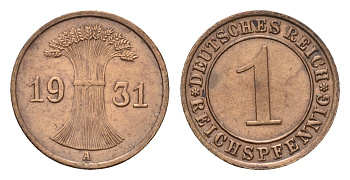 Германия 1 рейхспфенниг 1931 A KM 37, J. 313 бронза 4630-1035