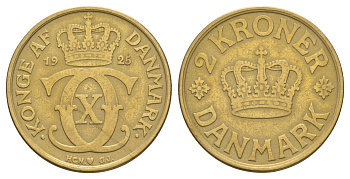 Дания 2 кроны 1925 HCN; GJ, Кристиан X (1912-1947) KM 825 алюминиевая бронза 115-611