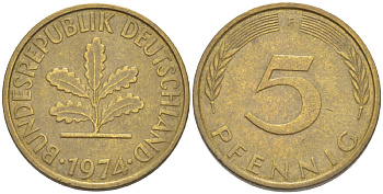 ФРГ 5 ПФЕННИГОВ 1974 F KM 107, J. 382 сталь плакированная латунью 4181-944