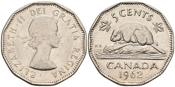 Канада 5 центов 1962 Елизавета II (1952-2022), бобер KM 50а никель 4126-512